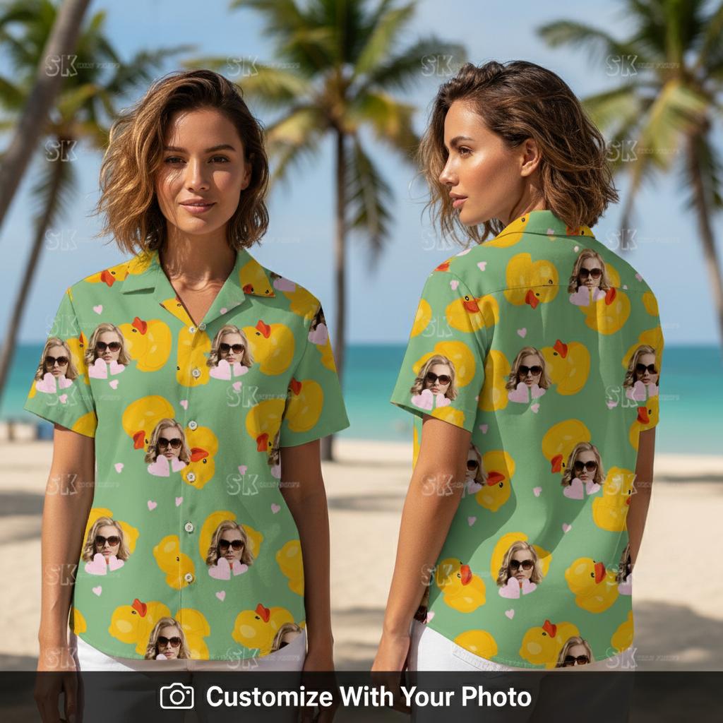 Woman wearing plus size Hawaiian shirt with yellow ducks, sunglasses, and pink hearts