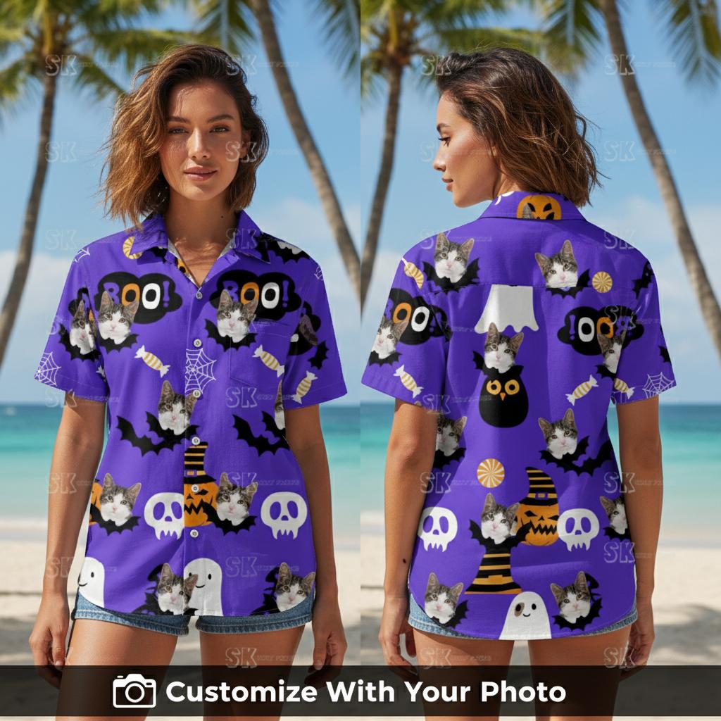 Personalized Cat Hawaiian Shirt Purple Halloween Custom Face Photo Print - crazy hawaiian shirts