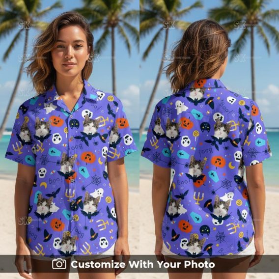 Woman wearing a purple Hawaiian cat shirt with Halloween pumpkins and ghost designs
