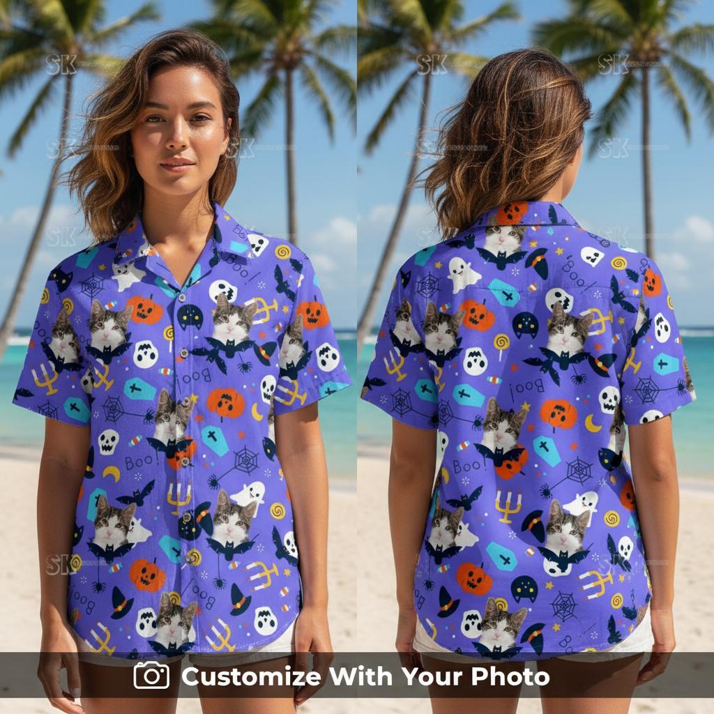 Woman wearing a purple Hawaiian cat shirt with Halloween pumpkins and ghost designs