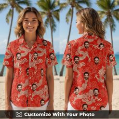 Woman wearing red Hawaiian shirt with golden dragon and custom face pattern design