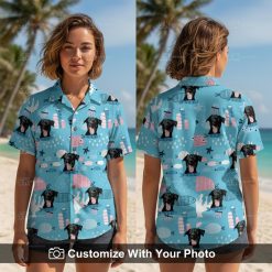 Woman wearing blue Spongebob Hawaiian shirt with dog face and colorful sea creatures