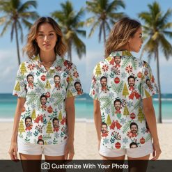 Woman wearing a tropical Christmas shirt with Hawaiian Santa and red green design
