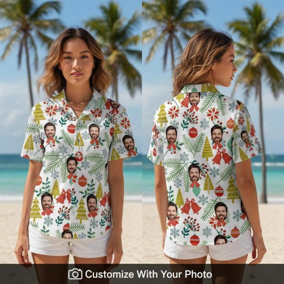Woman wearing a tropical Christmas shirt with Hawaiian Santa and red green design