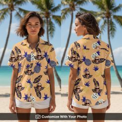 Woman wearing long sleeve Hawaiian shirt with pineapples and custom face print