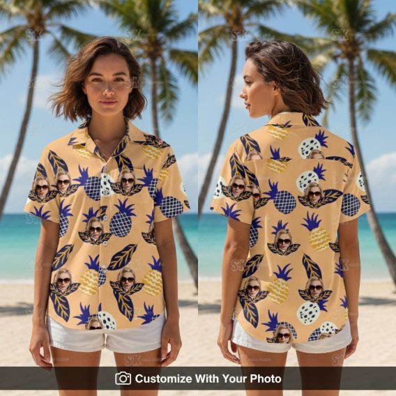 Woman wearing long sleeve Hawaiian shirt with pineapples and custom face print