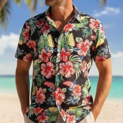 Multiple Hawaiian shirt designs displayed side by side showing variety of tropical patterns and Aloha shirt themes