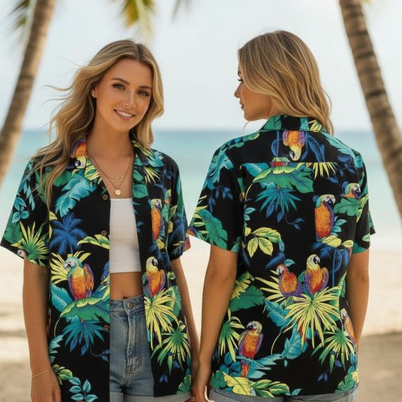 Woman wearing tropical parrot Hawaiian shirt with green leaves and bright flowers