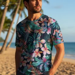 Grid display showing five different Hawaiian shirt designs with various tropical patterns including palms, hibiscus, and pineapples