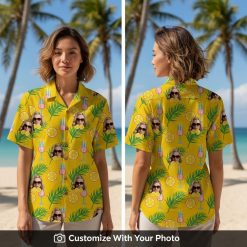 Woman wearing yellow Hawaiian shirt with custom face design and pink tropical drinks