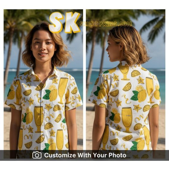 Woman wearing yellow Hawaiian shirt with lemons and cocktails, summer vacation style