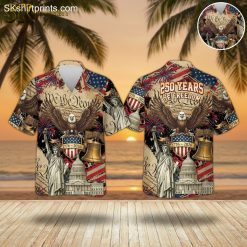 1776 2026 Hawaiian shirt featuring bald eagle, Liberty Bell, Statue of Liberty and Capitol building in red white blue patriotic design