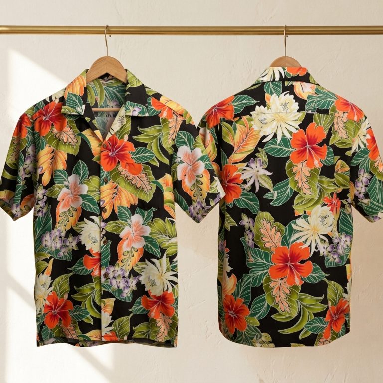 1940s Tropical Floral Hawaiian Shirt – Dark Background Aloha Print – Men’s Vintage Style
