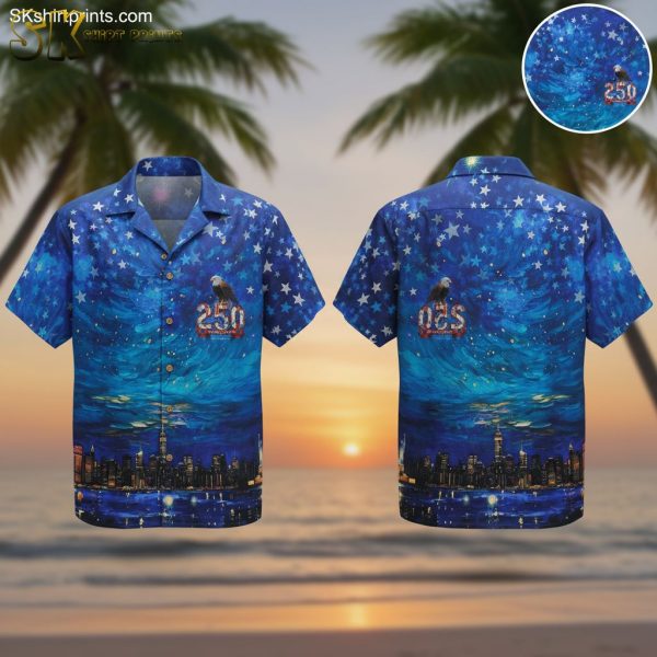America 250th Anniversary Hawaiian Shirt - 250 Years Freedom Bald Eagle Cityscape Button Up