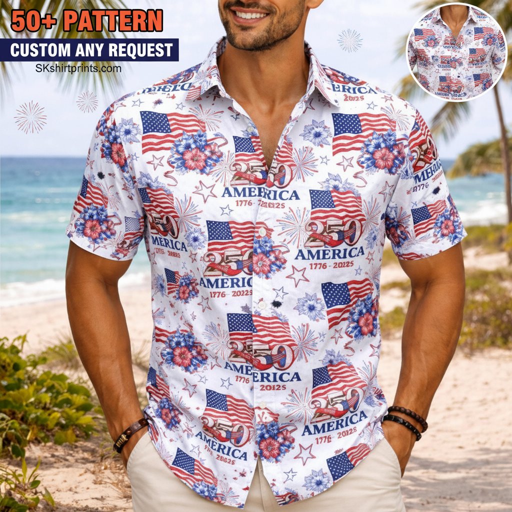 250th anniversary Hawaiian shirt collection featuring patriotic designs with eagles, flags, and freedom symbols for America's 2026 celebration