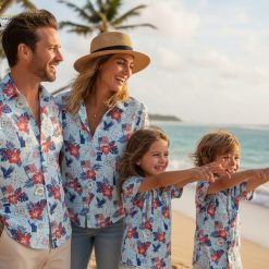250th anniversary Hawaiian shirt collection showing multiple color variations of patriotic tropical design