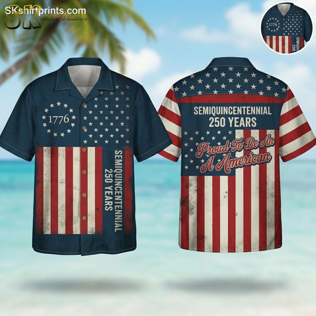 250th anniversary hawaiian shirt with american flag pattern featuring 1776 semiquincentennial design worn by man in lifestyle setting