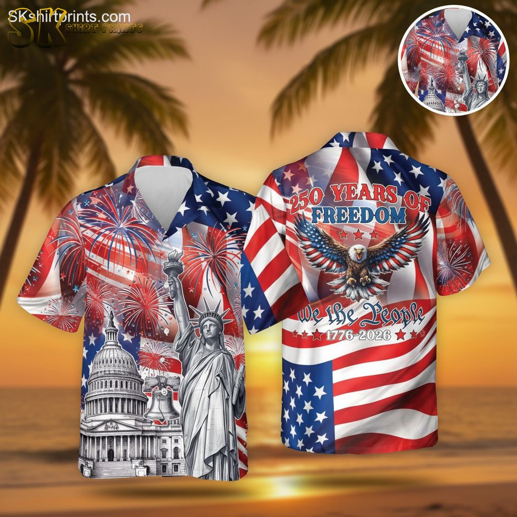 4th of July 2026 Hawaiian shirt featuring American flag, Statue of Liberty, and patriotic symbols in red white blue