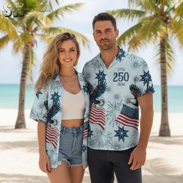 America 250th Anniversary Hawaiian Shirt 1776-2026 Patriotic Eagle Fireworks Button Up