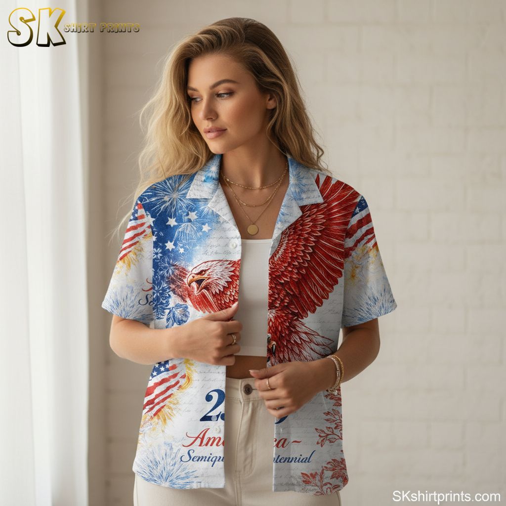 4th of july 2026 shirt size chart and specifications showing measurements and fabric details for patriotic hawaiian shirt with eagle design