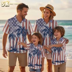 4th of July Hawaiian shirt collection showing multiple patriotic designs with palm trees and flag