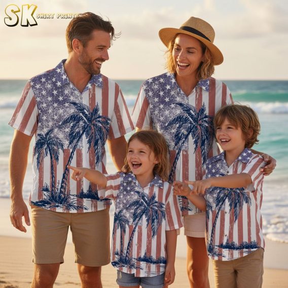 4th of July Hawaiian shirt collection showing multiple patriotic designs with palm trees and flag