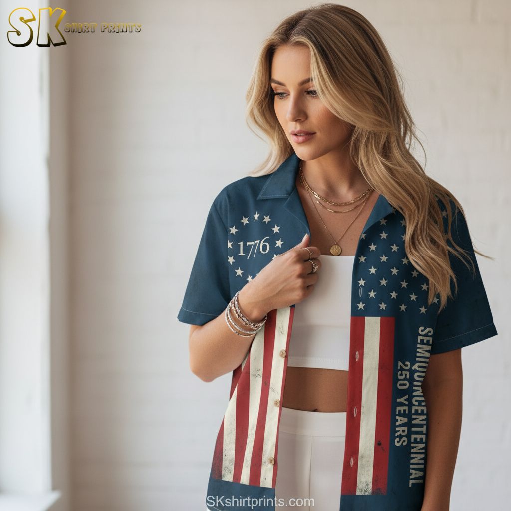 4th of july 2026 shirt size chart and specifications showing measurements and fabric details for patriotic hawaiian shirt