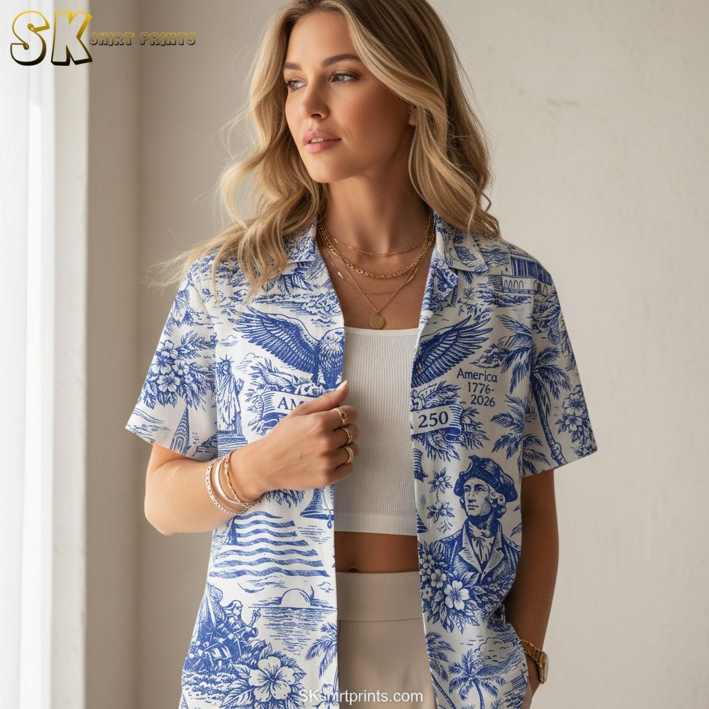 4th of July 2026 shirt size chart and specifications showing available sizes and fabric details for patriotic Hawaiian design