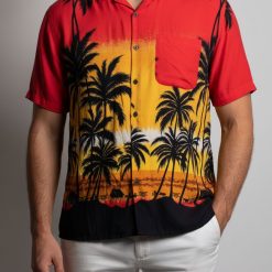 50s hawaiian shirt with retro sunset beach pattern featuring palm trees and tropical gradient design