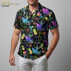 All black Hawaiian shirt with colorful neon tropical elements and floral patterns