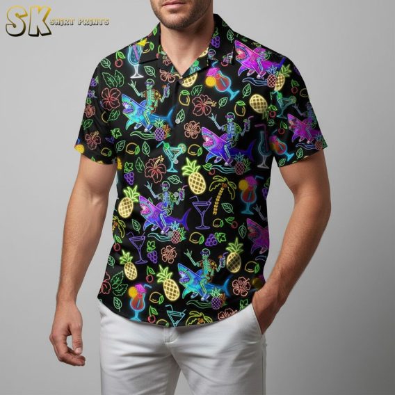 All black Hawaiian shirt with colorful neon tropical elements and floral patterns