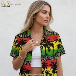 All black Hawaiian shirt size chart and product specifications showing measurements and fabric details