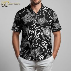 All black Hawaiian shirt with dark tribal turtle and wave pattern design for men