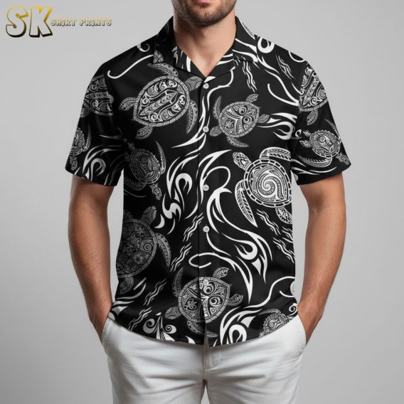 All black Hawaiian shirt with dark tribal turtle and wave pattern design for men