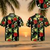 All black Hawaiian shirt featuring vibrant red hibiscus and yellow plumeria flowers on black background