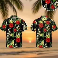 All black Hawaiian shirt featuring vibrant red hibiscus and yellow plumeria flowers on black background