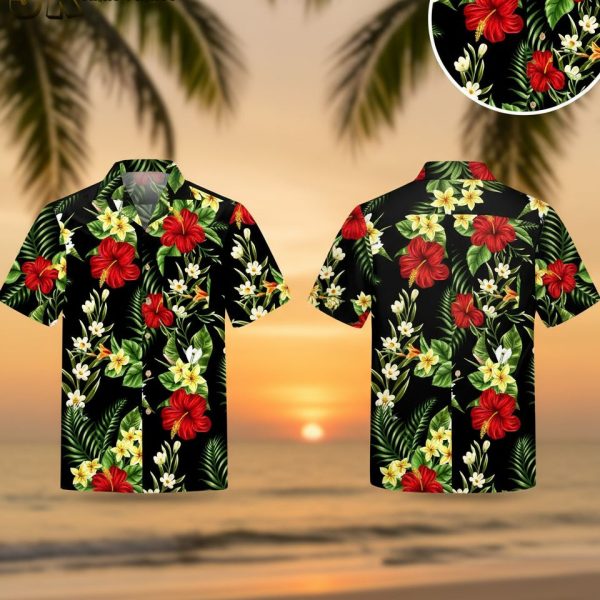 All Black Hawaiian Shirt with Red Hibiscus and Plumeria Flowers - Tropical Floral Aloha Shirt