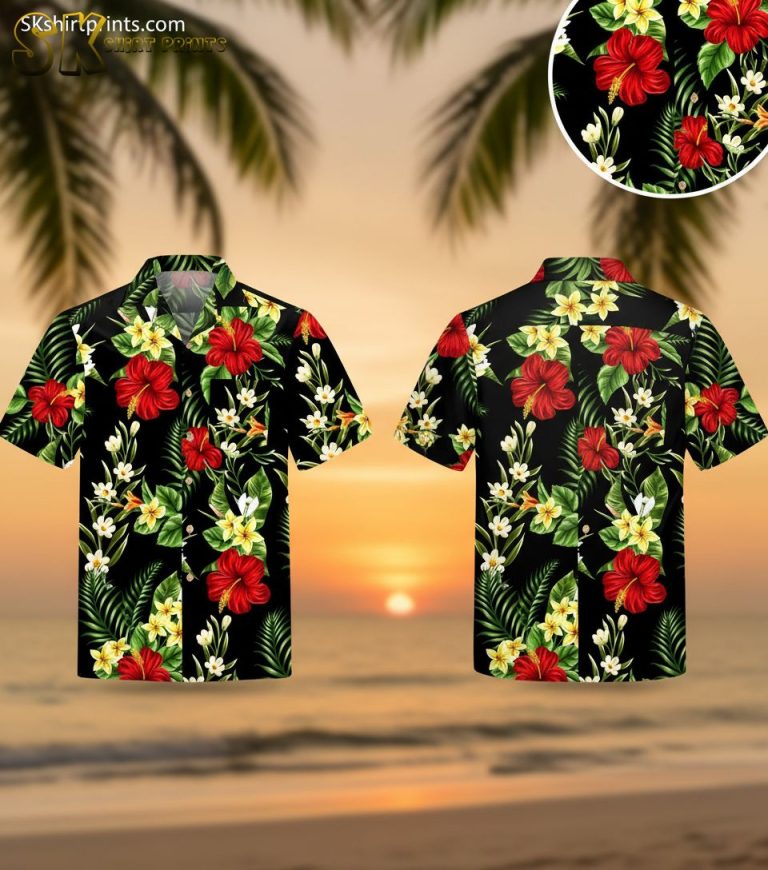 All Black Hawaiian Shirt with Red Hibiscus and Plumeria Flowers – Tropical Floral Aloha Shirt