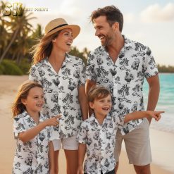 Collection of all white Hawaiian shirts with various tropical print designs