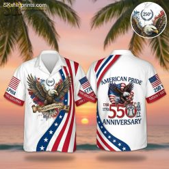 All white Hawaiian shirt featuring patriotic American eagle with flag design and 250th anniversary celebration print