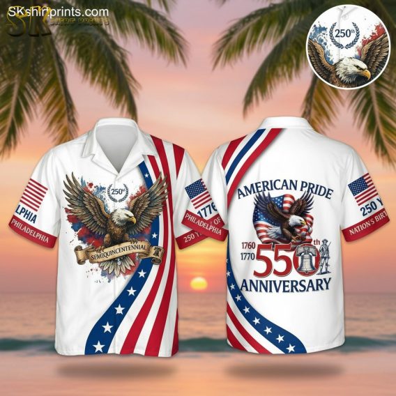 All white Hawaiian shirt featuring patriotic American eagle with flag design and 250th anniversary celebration print