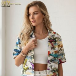 All white Hawaiian shirt specifications showing vintage airplane tropical print with size and fit details