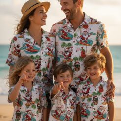 Aloha republic Christmas shirt with tiki masks, electric guitars, surfing Santa and tropical elements