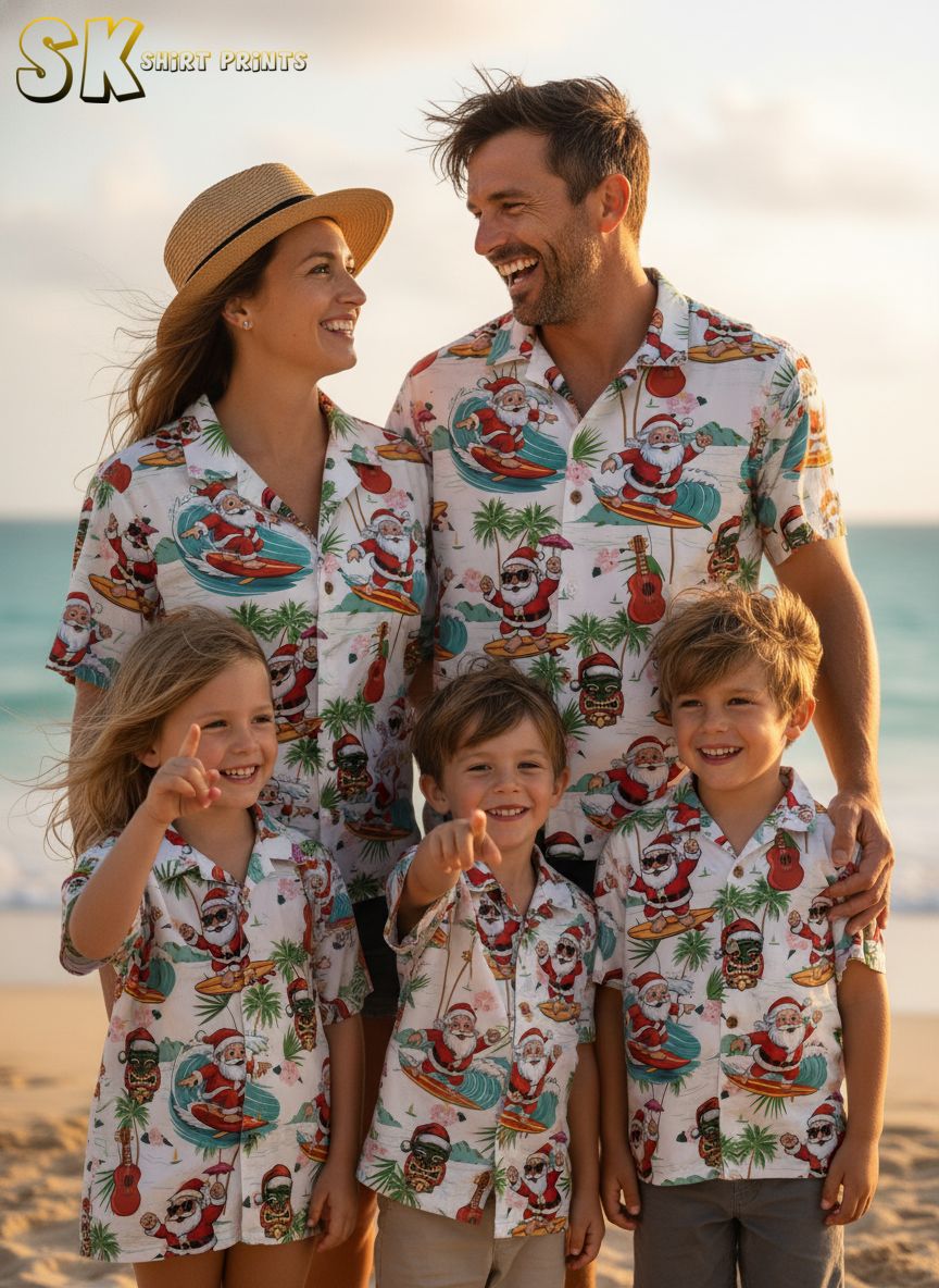 Aloha republic Christmas shirt with tiki masks, electric guitars, surfing Santa and tropical elements