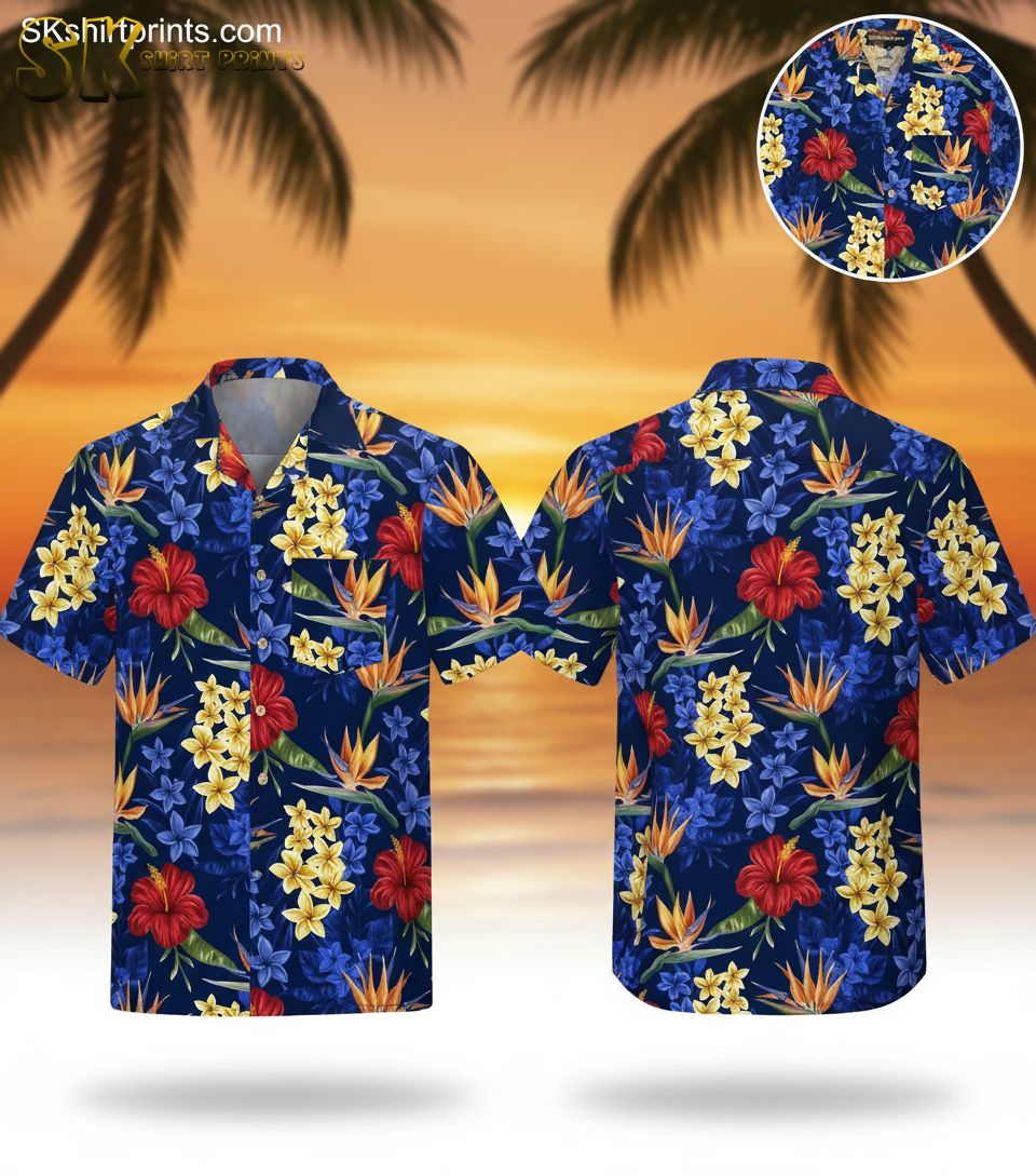 Blue aloha shirt featuring red hibiscus flowers, yellow plumeria, and orange bird of paradise on dark blue background