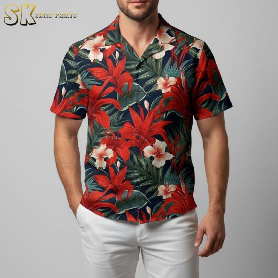 Close-up detail of red aloha shirt showing intricate hibiscus flower pattern and tropical leaf design