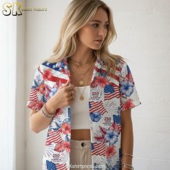 Aloha shirt white patriotic design showing product specifications and sizing details