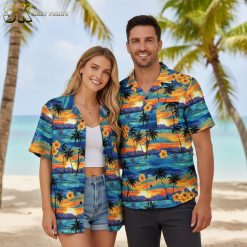 Aloha shirts button up short sleeve style with tropical beach print and sunset colors
