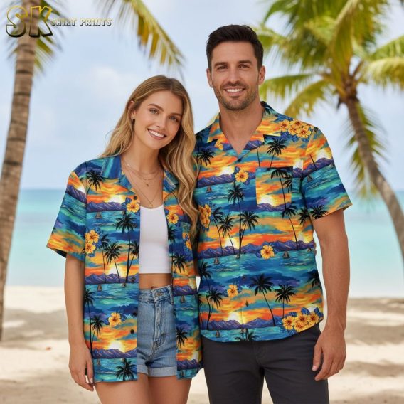 Aloha shirts button up short sleeve style with tropical beach print and sunset colors