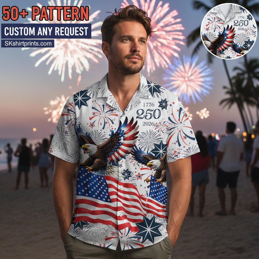 America 250 Hawaiian shirt with bald eagle and tropical design worn at patriotic celebration